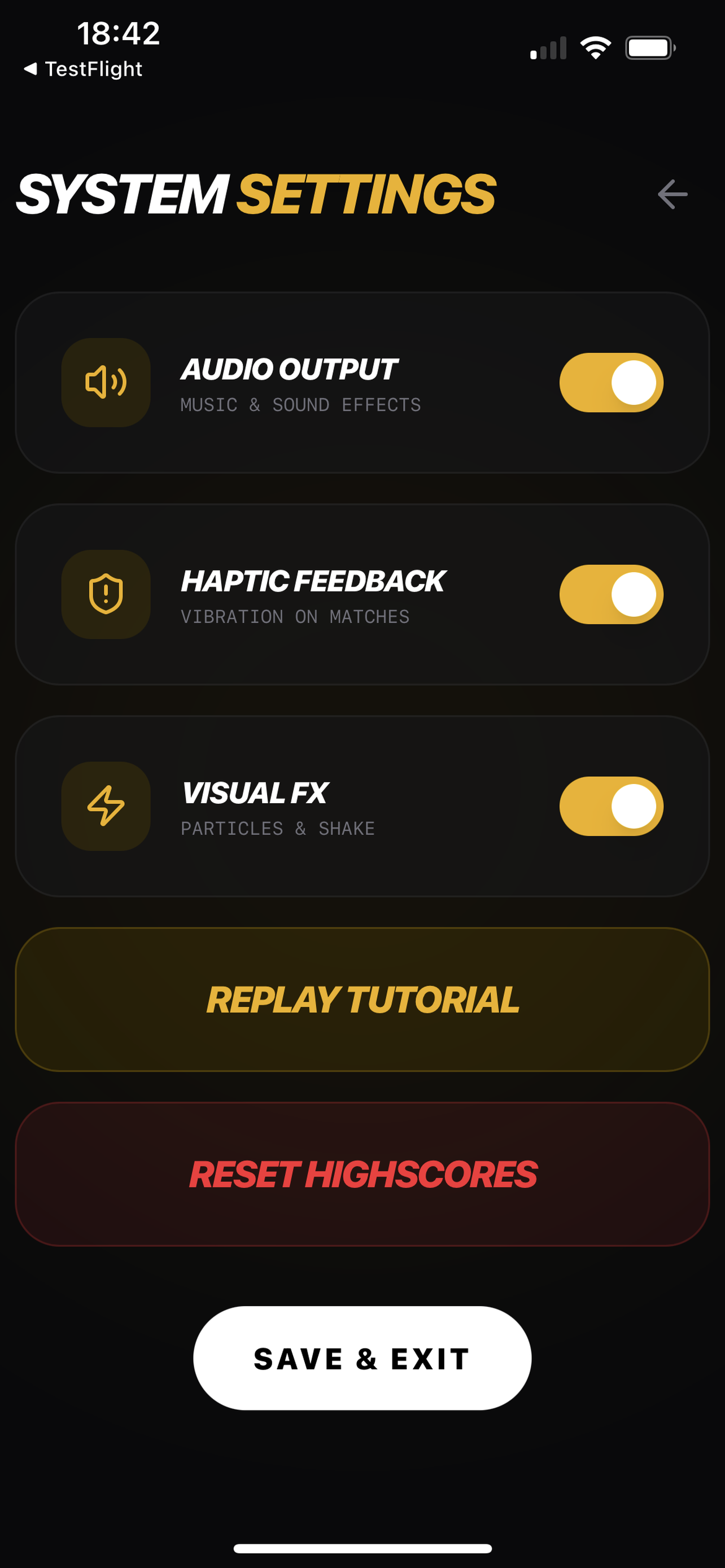 Chuck Crush settings screen showing audio, haptics, and visual effects